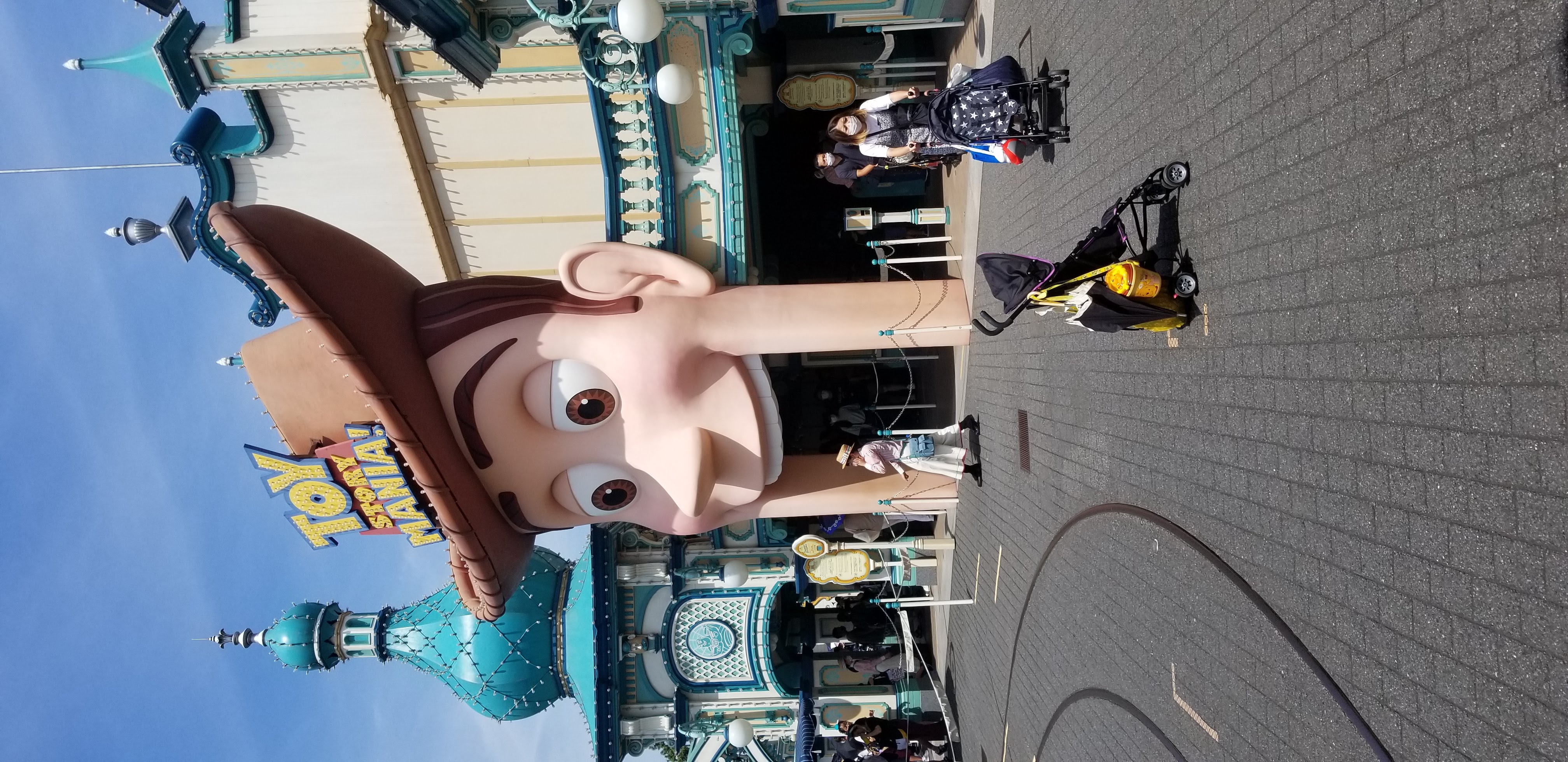 Entrance to Toy Story Mania at American Waterfront, with the giant Mr. Potato Head figure at the door