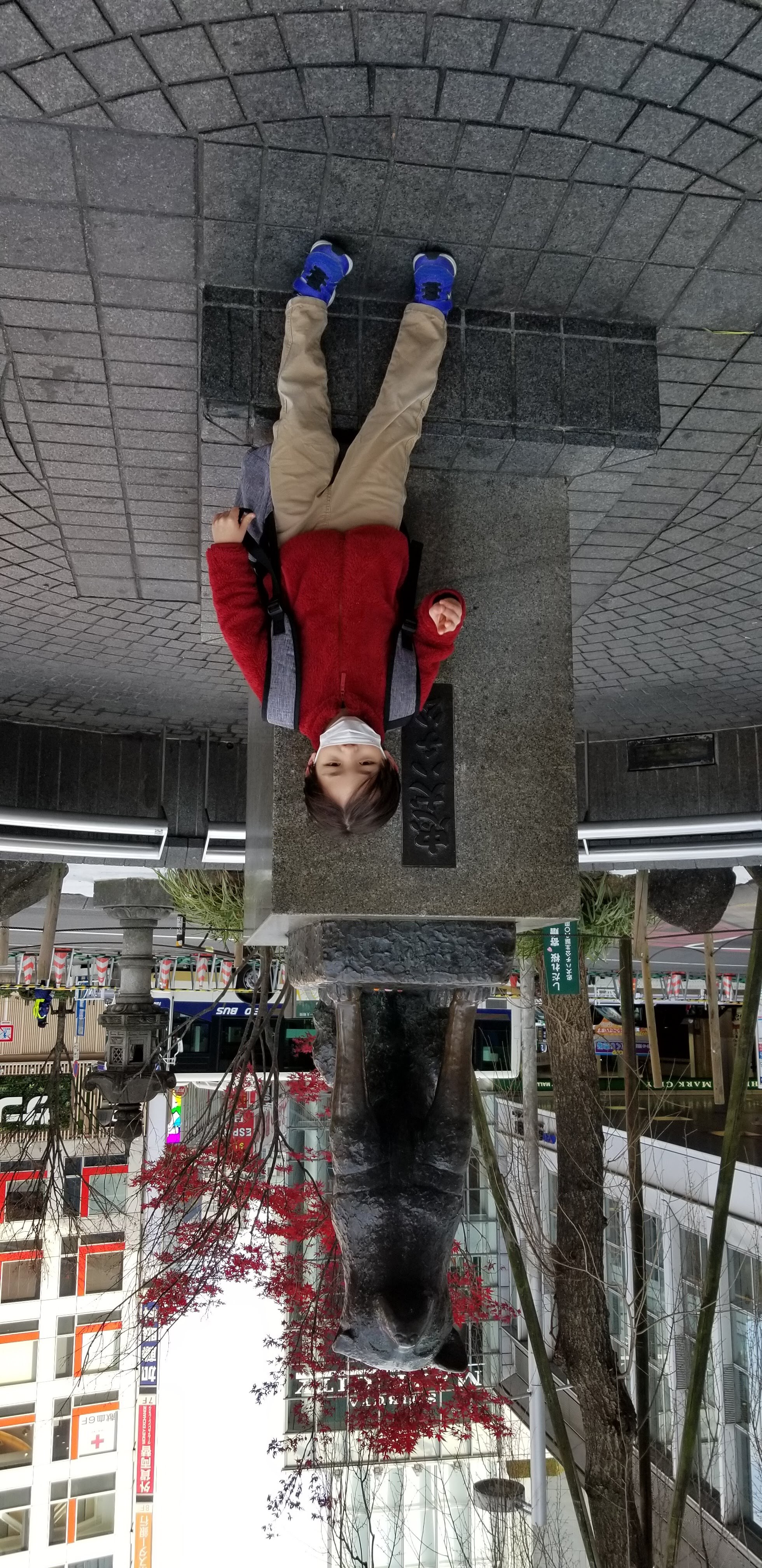 My son with the Hachiko statue in Shibuya, December 2020